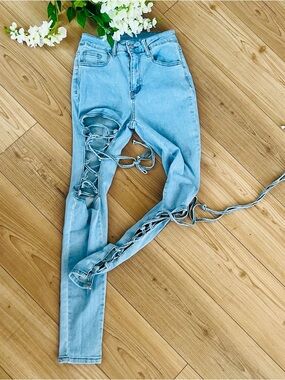 Light Wash Lace-Up Jeans